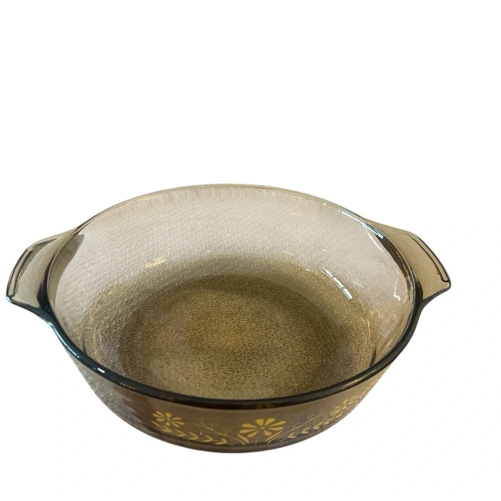 Glassbake Amber Glass Casserole Dish‎ - Yellow Floral vintage